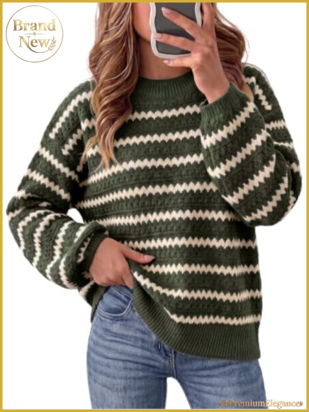 Oversized Striped Color Block Knit Sweater Balloon Sleeve Crewneck Pullover